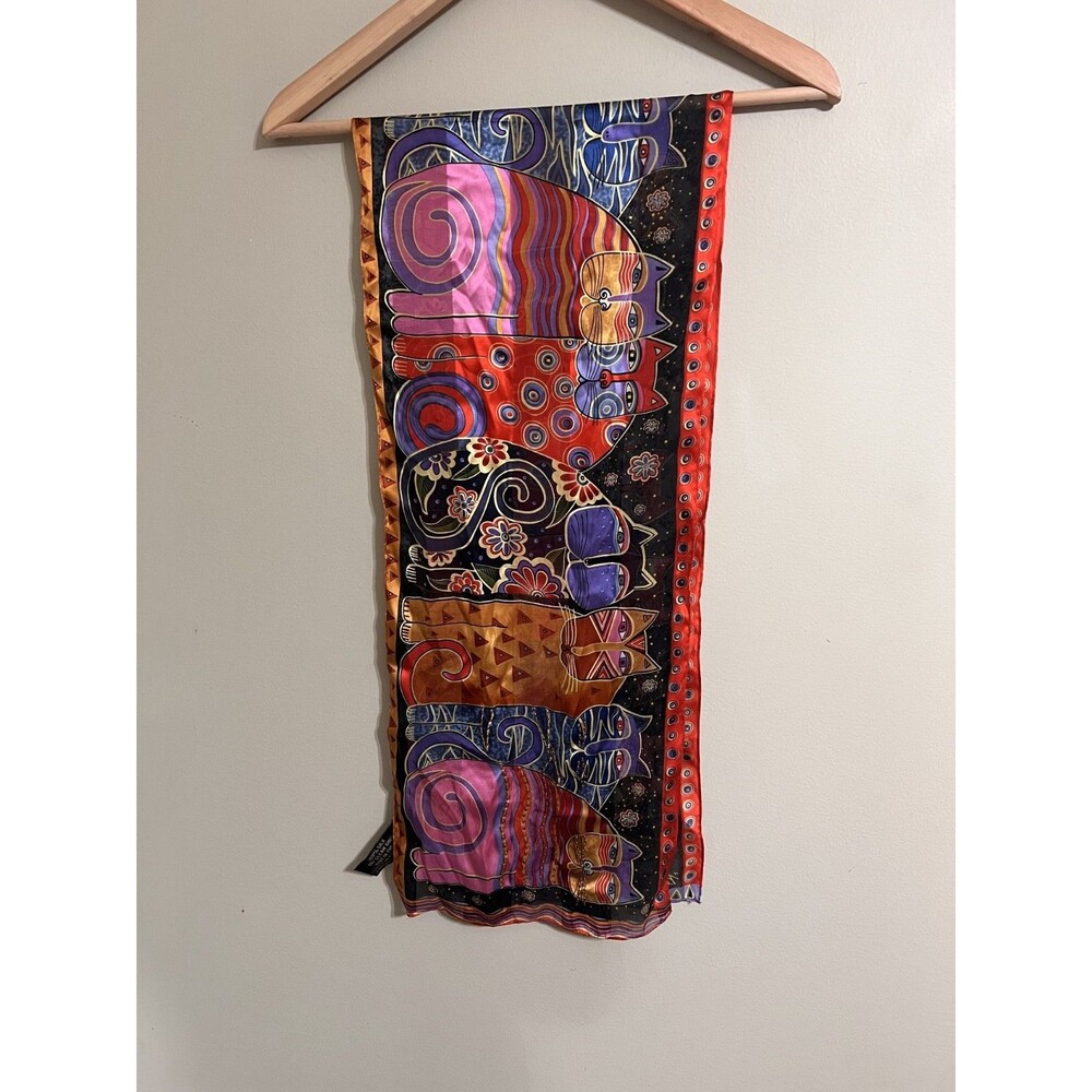 Vintage Laurel Burch Scarf Feline Family Portrait CAT Multicolor 100% Silk READ